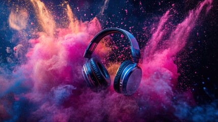Fototapeta premium Headphones in a vibrant explosion of color, music, sound, audio, technology