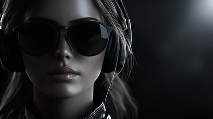 Frau mit Sonnenbrille und Kopfhörer beim Musik hören auf dunklem Hintergrund in klassischem Look und Farben mit Lichteffekten . Querformat mit Platz für Text. 16:9 Format. Generative AI.