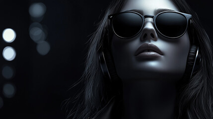 Frau mit Sonnenbrille und Kopfhörer beim Musik hören auf dunklem Hintergrund in klassischem Look und Farben mit Lichteffekten . Querformat mit Platz für Text. 16:9 Format. Generative AI.