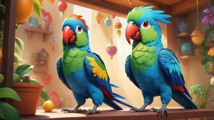 Two vibrant parrots perched side by side in a charming shop setting with hanging decorations