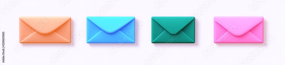 Aufkleber four colorful envelopes in a row on white background.