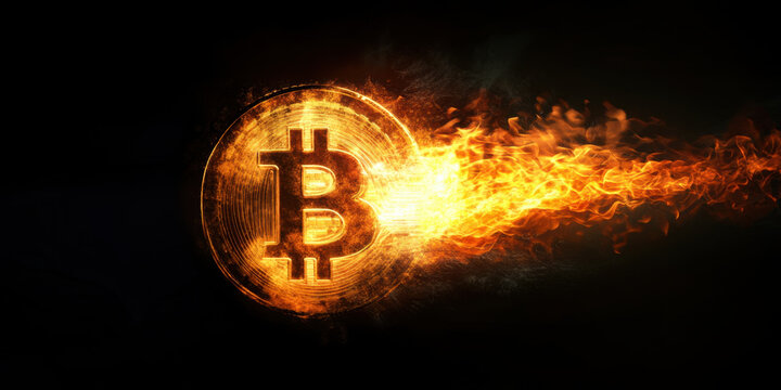 Bitcoin symbol engulfed in flames, representing volatility and market dynamics. fiery effect illustrates intense fluctuations in cryptocurrency values