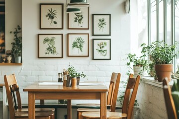 Cozy cafe table, botanical prints, plants, sunlight, brick wall, lunch.