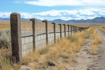 Fototapeta premium Solid Block Fence in a Ranch Setting with Dirt Road Leading Forward