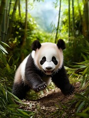 Naklejka premium Adorable Panda Cub in Bamboo Forest, a Symbol of China's Wildlife.