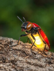 Close-up of a luminous firefly on wood, glowing abdomen, detailed view.