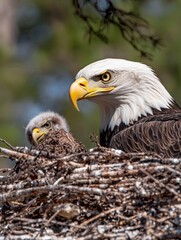 Fototapeta premium Majestic Bald Eagle and Chick in Nest Close-Up