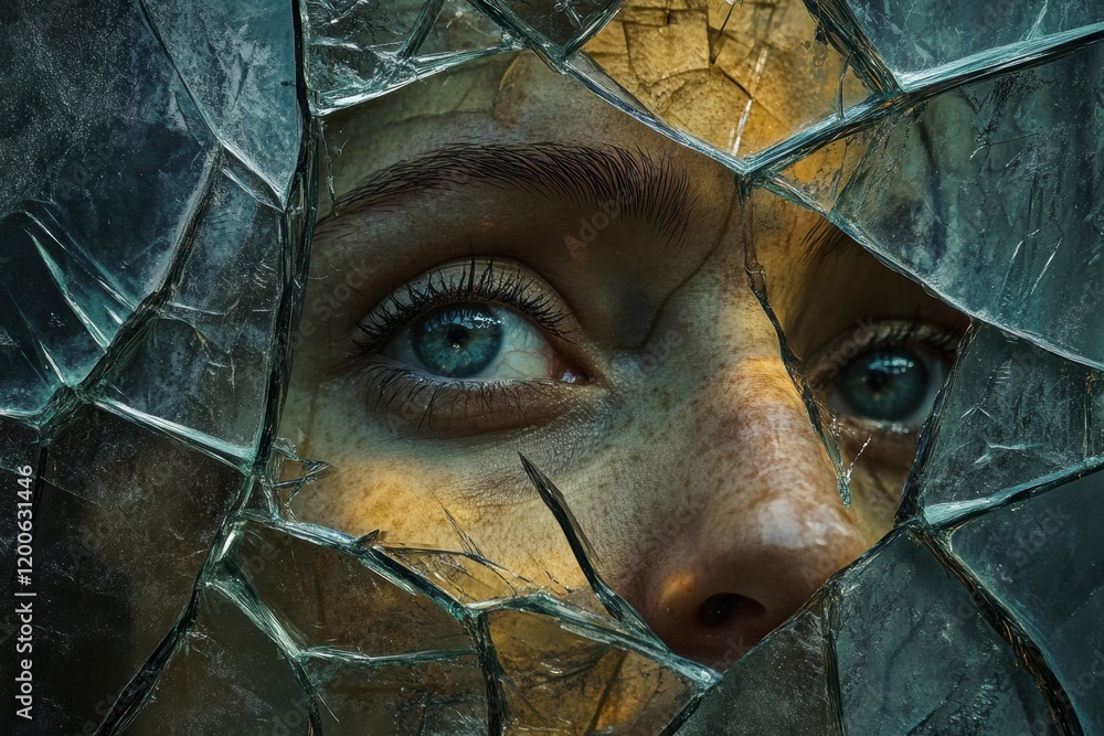 Aufkleber shattered glass reflects a fragmented visage with vibrant hues and intricate details showcasing emot