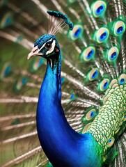 Fototapeta premium Majestic Peacock Portrait: Stunning Close-up of a Vibrant Bird.