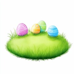 An illustration of an Easter egg hunt set in a picturesque landscape with a tree, blue sky, and vibrant spring meadow.