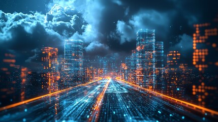 Futuristic cityscape at night digital technology urban environment cloudy sky high perspective innovation and connectivity