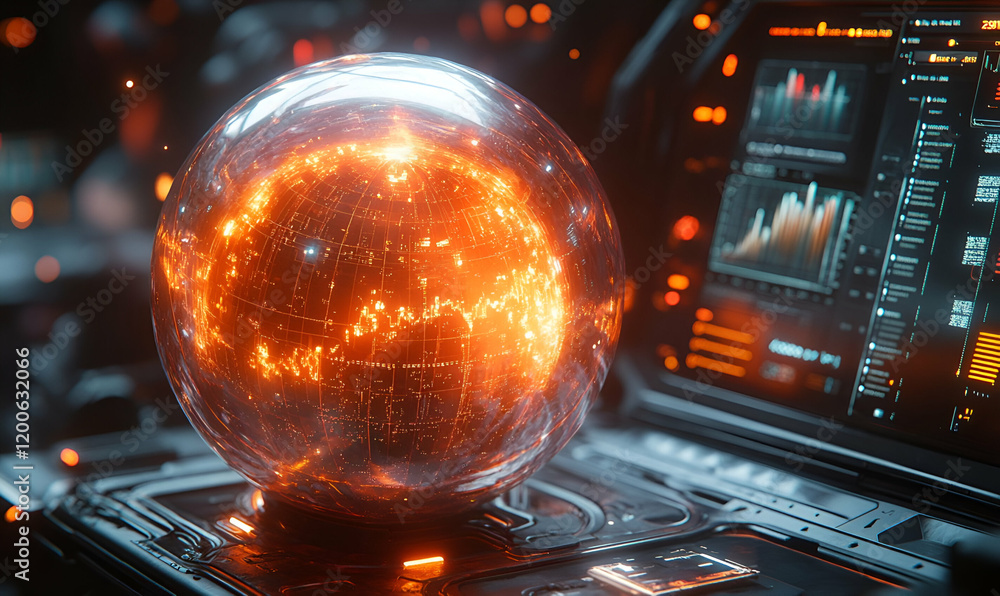 Aufkleber fiery globe in spaceship console, data analysis