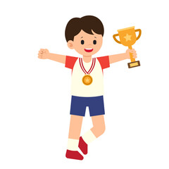 Student Won Medal & Trophy 1 Boy Holding Trophy