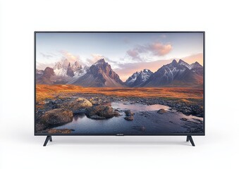 Modern flat-screen TV displaying scenic landscape.