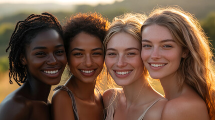 Fototapeta premium A group of young ladies from different ethnic backgrounds, standing together and smiling confidently, showcasing their friendship, posed against a soft, natural background with warm, soft lighting.