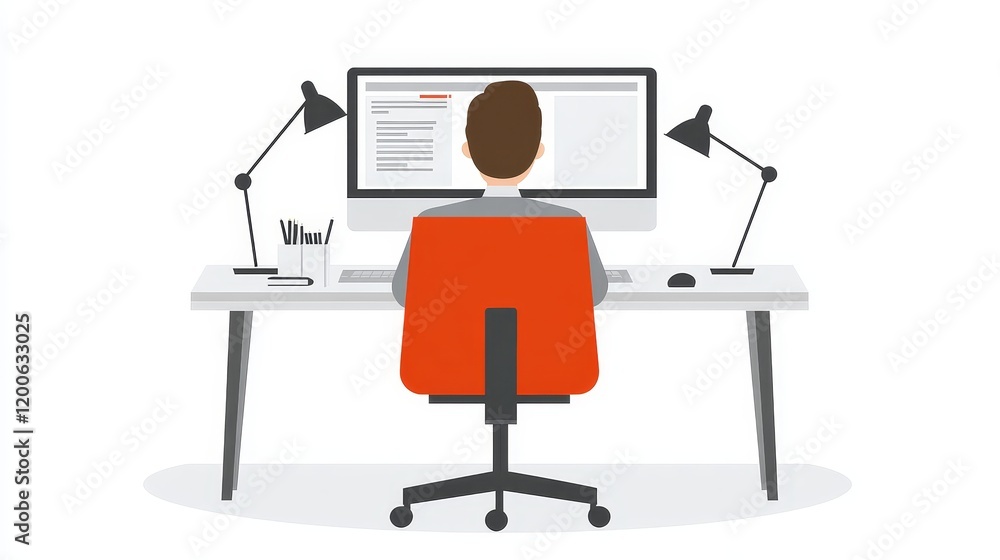 Poster rear view of a person seated at a desk working on a computer