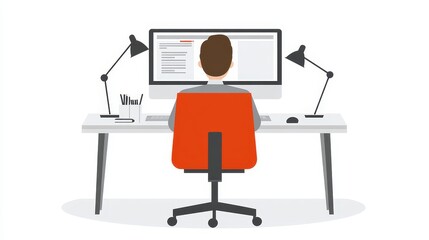 Rear view of a person seated at a desk working on a computer