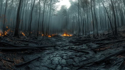 Foto op Canvas Burning forest ground with dead wood, smoke, and flames in misty atmosphere, creating haunting and dramatic scene of destruction and nature fury © Keopaserth