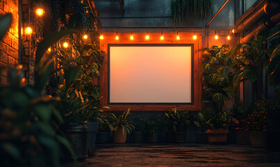 Obraz premium Night patio, blank sign, plants, lights, mockup
