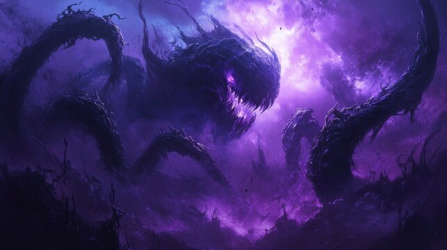 A colossal purple monstrosity looms in a dark sky