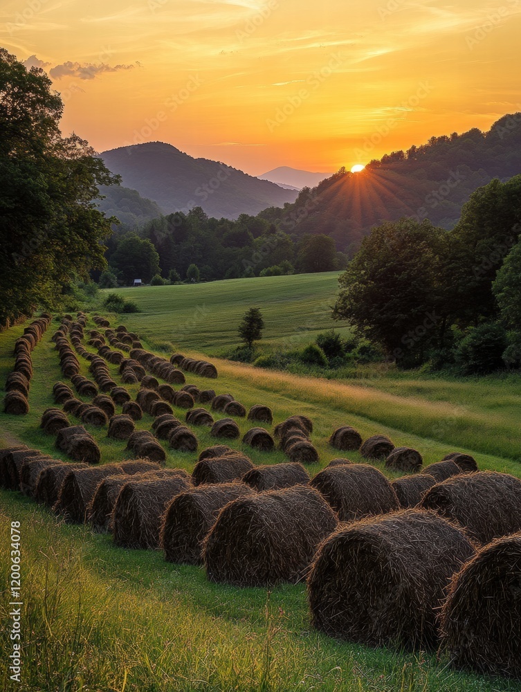 Aufkleber Hay bales lined up in a lush field at sunset with mountains in the background. Generative AI
