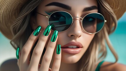 Metallic green nails styled with edgy sunglasses, reflecting a vibrant and confident attitude. trendy, cat eye nails, fashionable nail, make-up, young woman hands, french, classic, spa, shiny, chrome,
