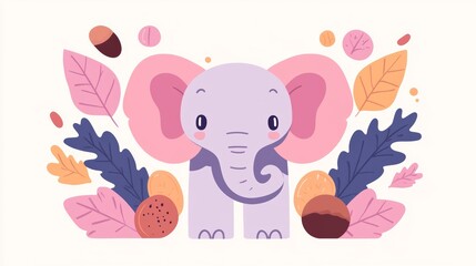 Fototapeta premium Adorable Autumn Elephant with Pink Ears and Leaves