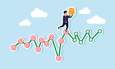 A businessman stands on a target chart holding a stack of coins, illustration of progress in achieving business targets to gain profit and revenue
