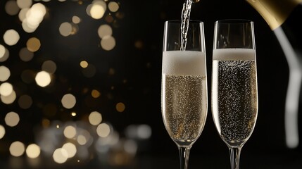 Champagne pouring into elegant glasses against a bokeh background.