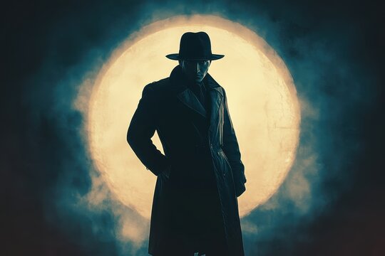 Mysterious man in a long coat and hat, standing before a large moon. Perfect for thriller, mystery, or detective themes.