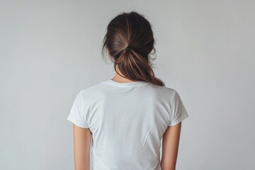 Woman in White Tshirt in Back on White Background Mockup Mock Up Template Copy Space