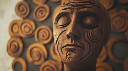 Intricate Wooden Carving Depicts Serene Human Head