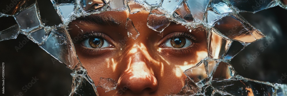 Aufkleber shattered glass reflects a fragmented and expressive face highlighting emotions and intricate detail