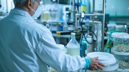 An industrial biotechnologist developing biodegradable plastics from microbial fermentation in a biotech laboratory, with bioreactors and plastic samples visible