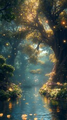 Enchanted forest river, glowing lights, fantasy scene, tranquil nature, phone wallpaper