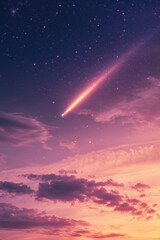 Fototapeta premium A vibrant meteor streaks across a vivid purple sky, illuminating the serene sunset clouds below.