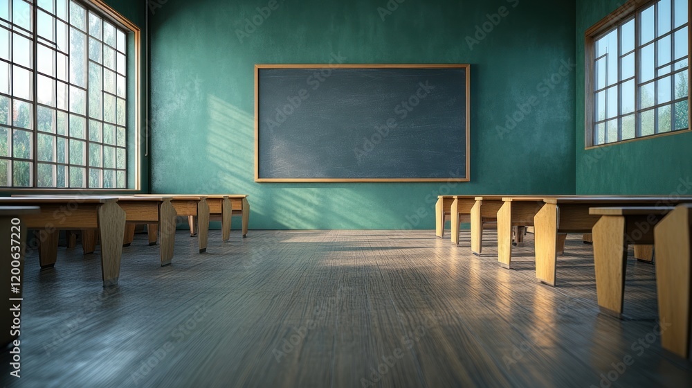 Poster empty classroom with chalkboard and sunlight streaming through windows