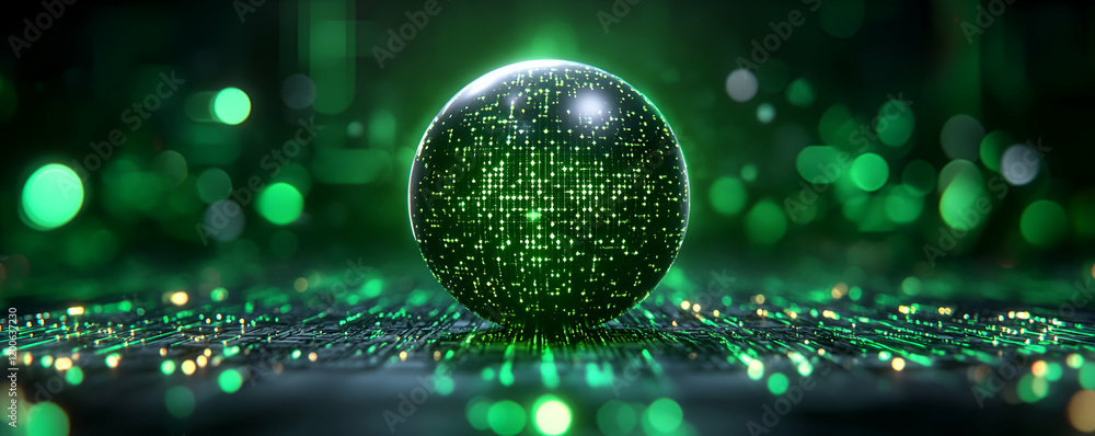 Poster glowing data sphere on circuit, green bokeh