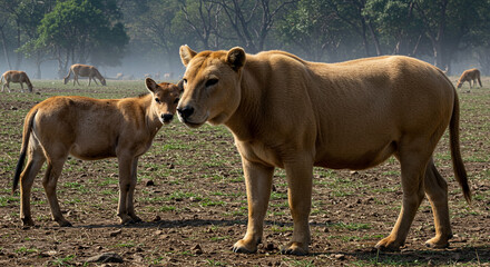 Fototapeta premium Adorable Gauras Mother Calf in Wildlife Reserve
