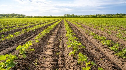 Obraz premium Rows of young plants flourish in rich soil with blue skies above, showcasing farm life