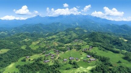 Obraz premium Aerial View of Serene Mountain Village Homes