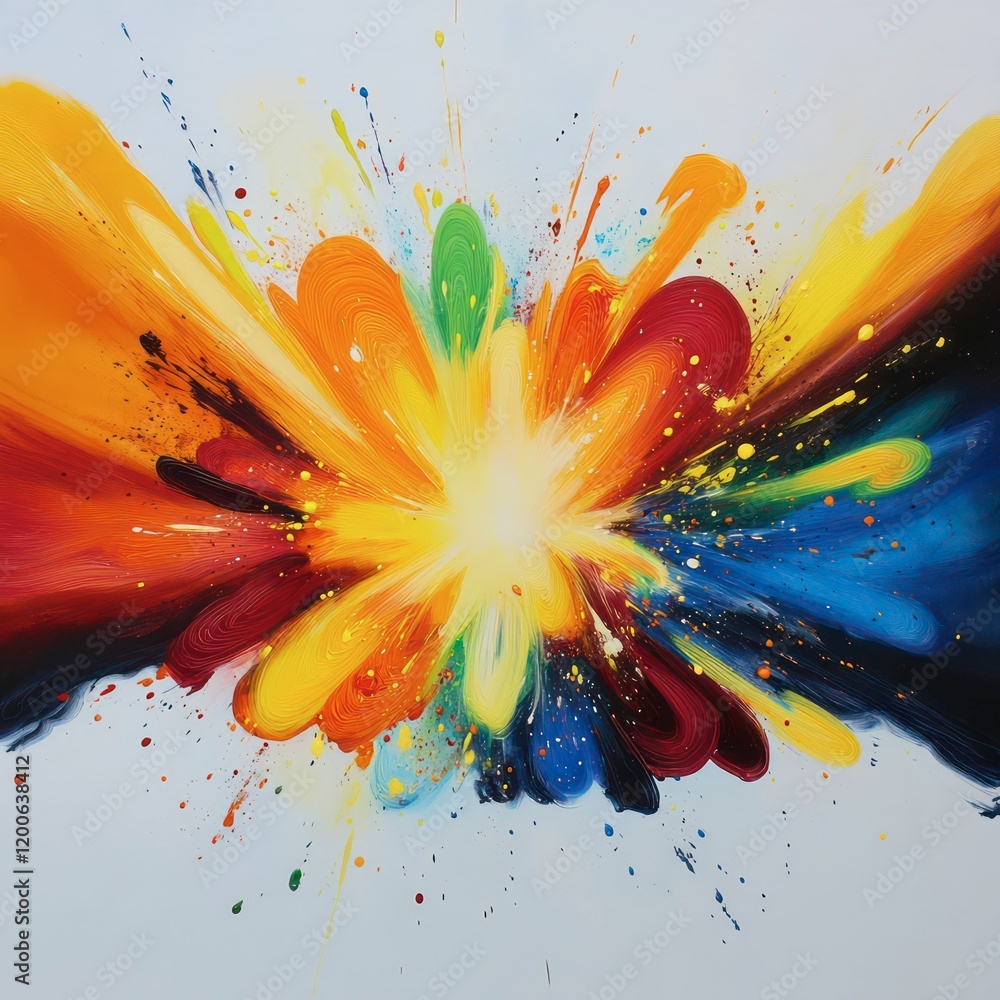 Poster a vibrant watercolor explosion design, with splashes of color and ink blending into intricate patter