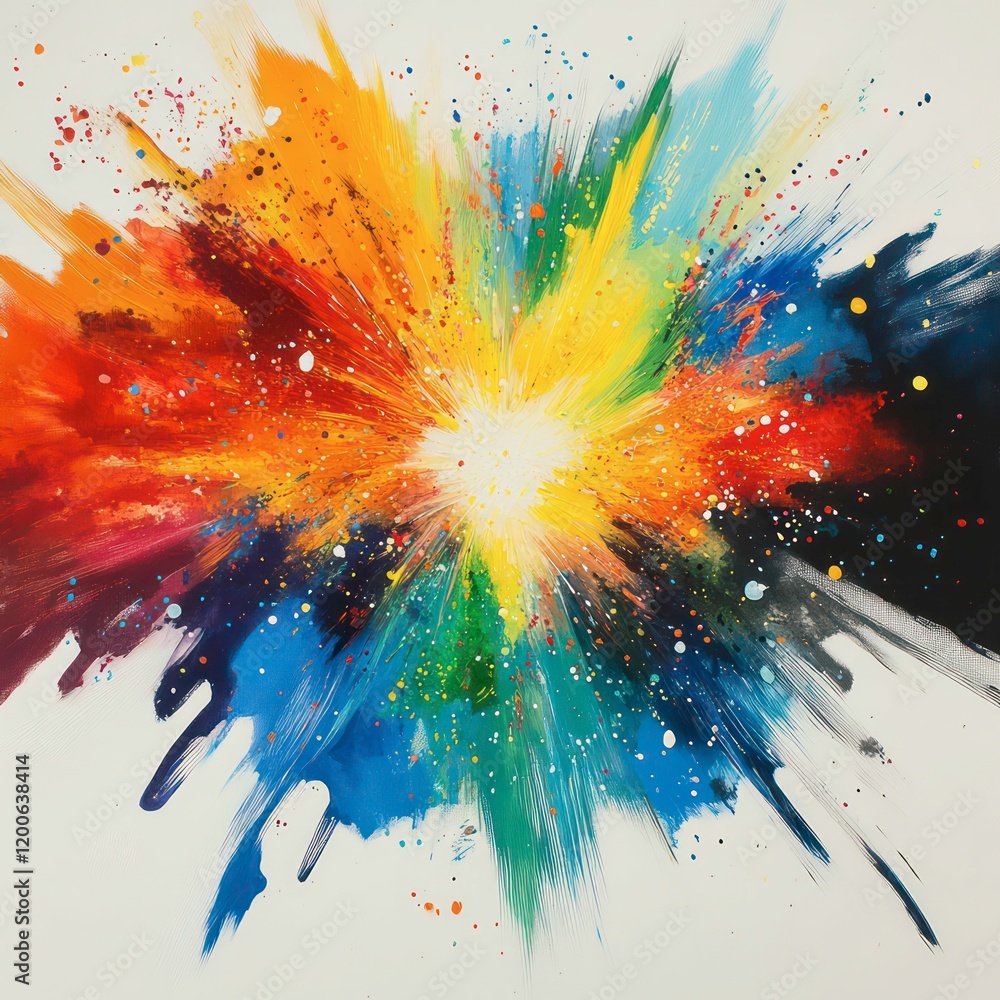 Poster a vibrant watercolor explosion design, with splashes of color and ink blending into intricate patter