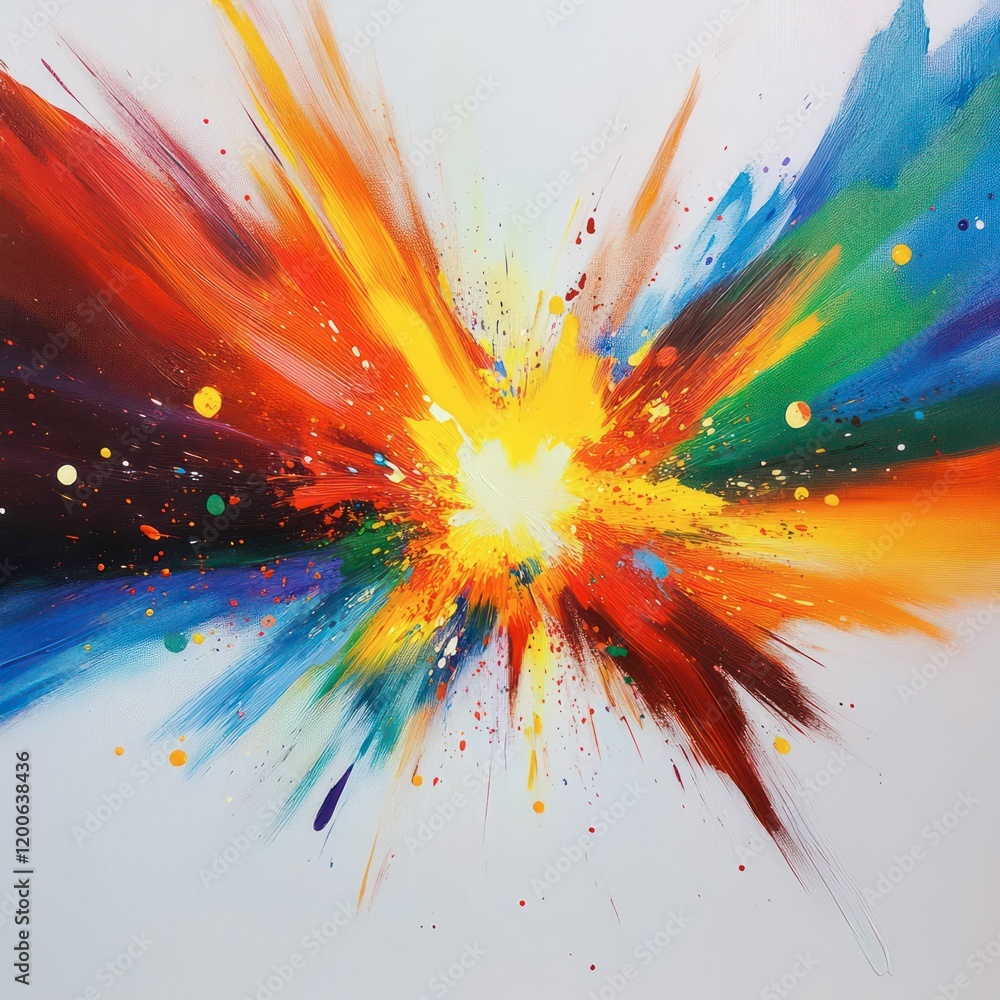 Poster a vibrant watercolor explosion design, with splashes of color and ink blending into intricate patter