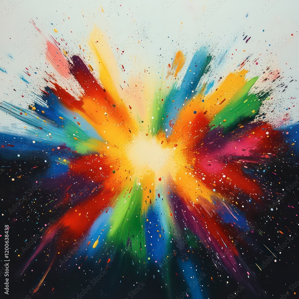 Poster a vibrant watercolor explosion design, with splashes of color and ink blending into intricate patter