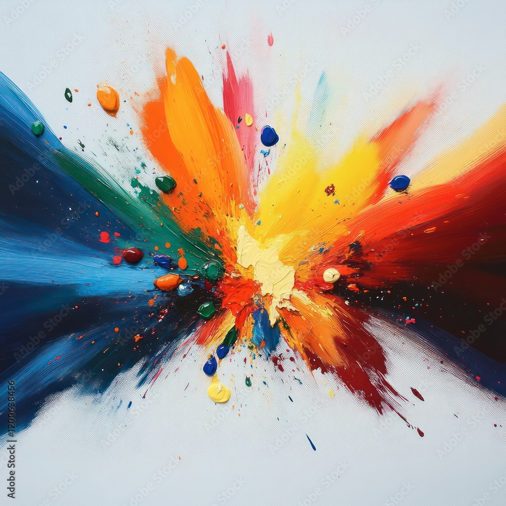 Poster a vibrant watercolor explosion design, with splashes of color and ink blending into intricate patter