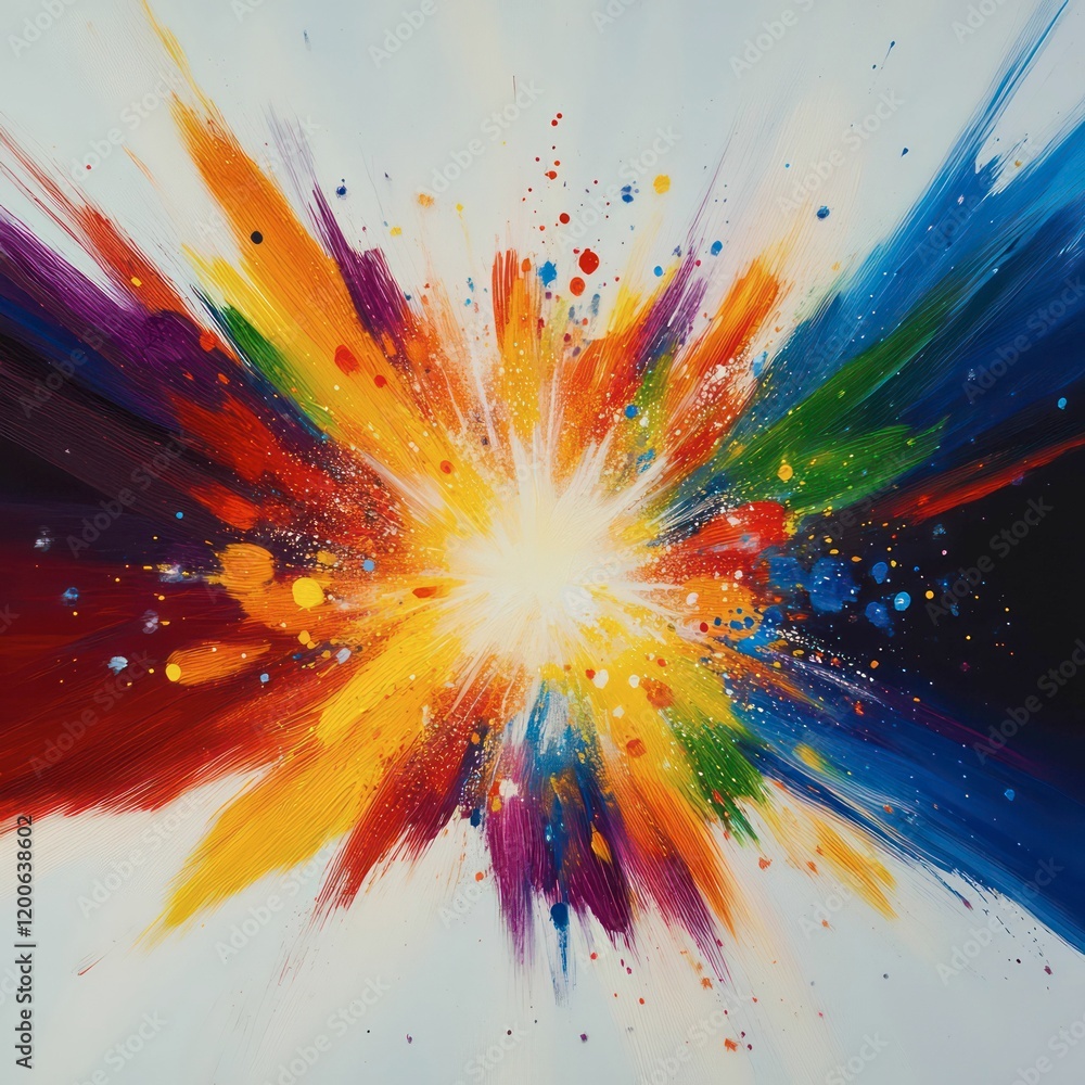 Poster a vibrant watercolor explosion design, with splashes of color and ink blending into intricate patter