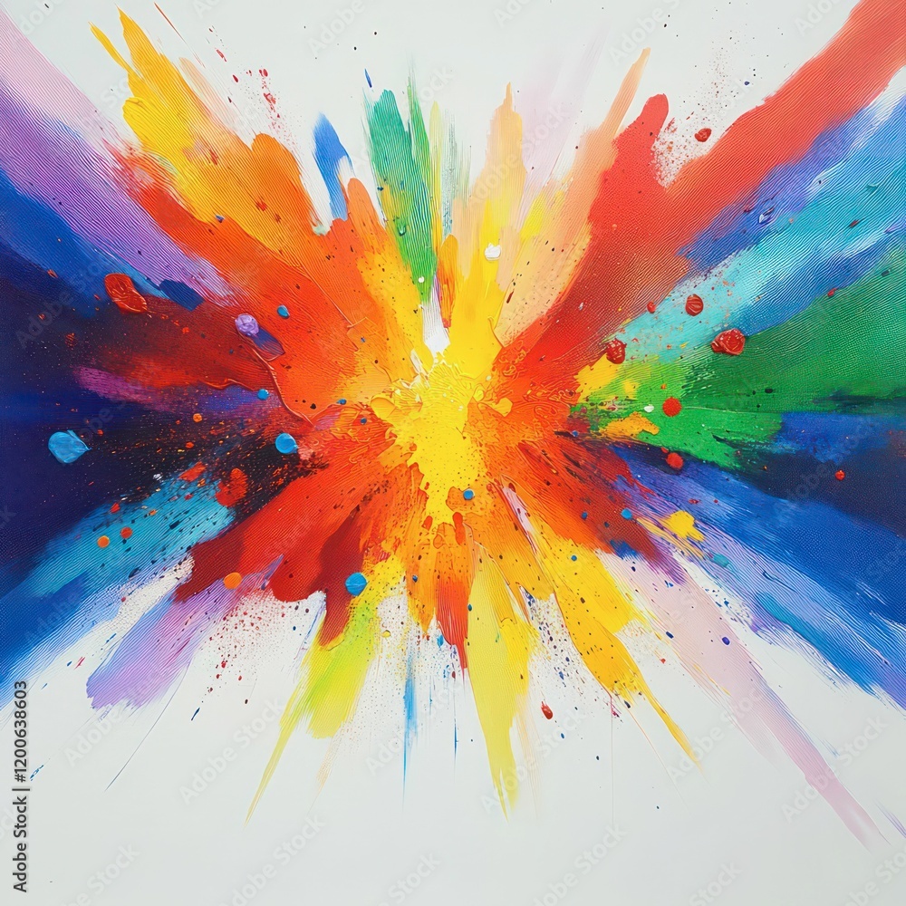 Poster a vibrant watercolor explosion design, with splashes of color and ink blending into intricate patter