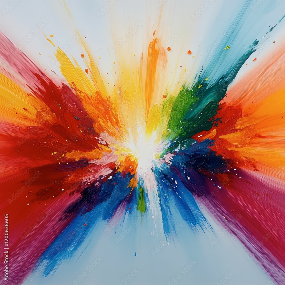 Poster a vibrant watercolor explosion design, with splashes of color and ink blending into intricate patter