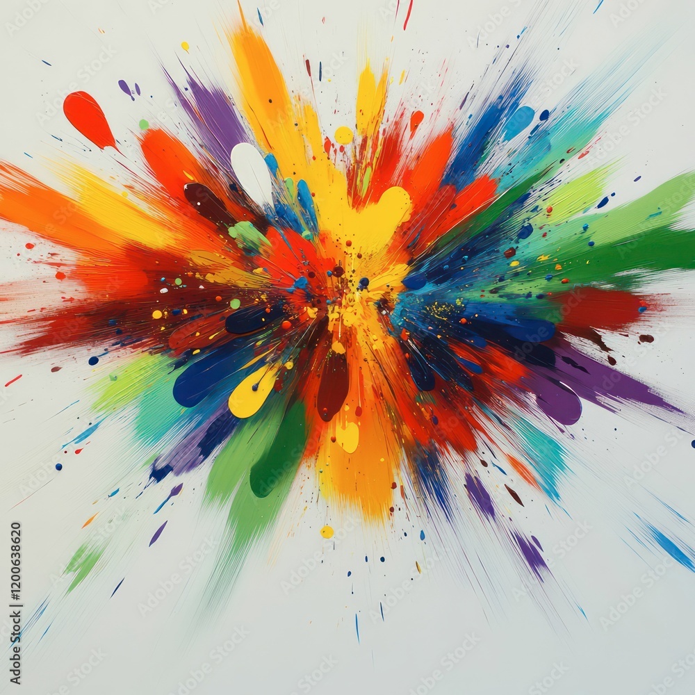 Poster a vibrant watercolor explosion design, with splashes of color and ink blending into intricate patter